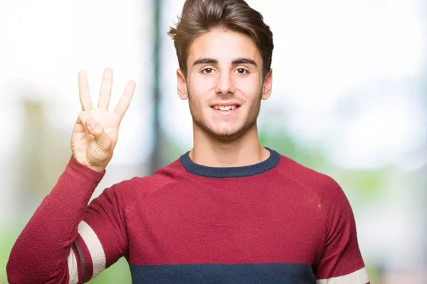 Молодий Красивий Чоловік Над Ізольованим Фоном Показує Вказує Пальцями Номер — стокове фото
