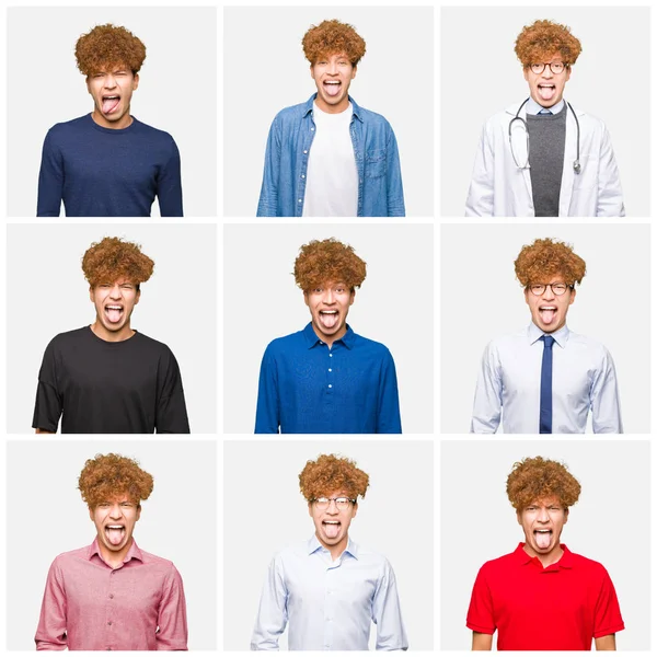Koláž Mladého Muže Různém Vzhledu Izolované Bílé Pozadí Strčí Jazyk — Stock fotografie