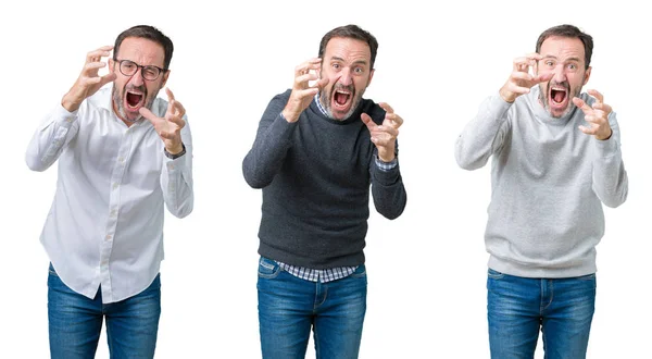 Collage Bell Uomo Anziano Sfondo Bianco Isolato Gridare Frustrato Dalla — Foto Stock
