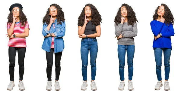 Collage Hermosa Mujer Joven Con Pelo Rizado Sobre Fondo Blanco —  Fotos de Stock