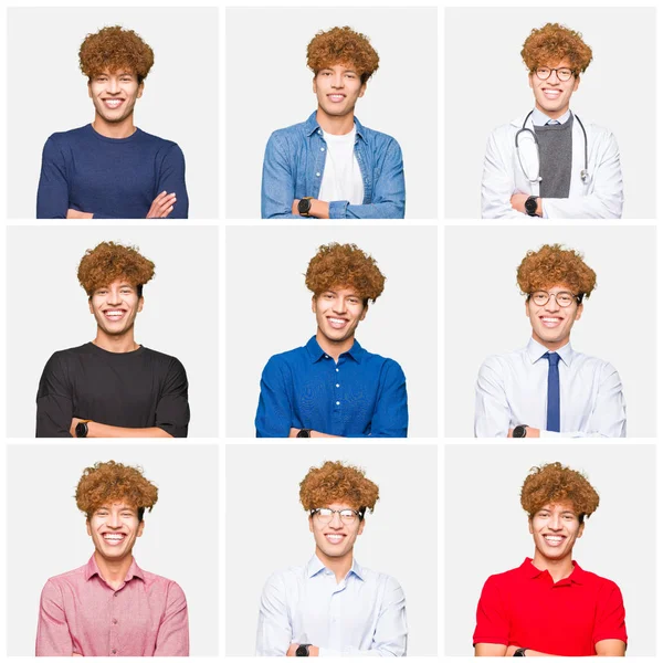 Колаж Молодого Чоловіка Різних Образах Над Ізольованим Білим Тлом Щасливе — стокове фото