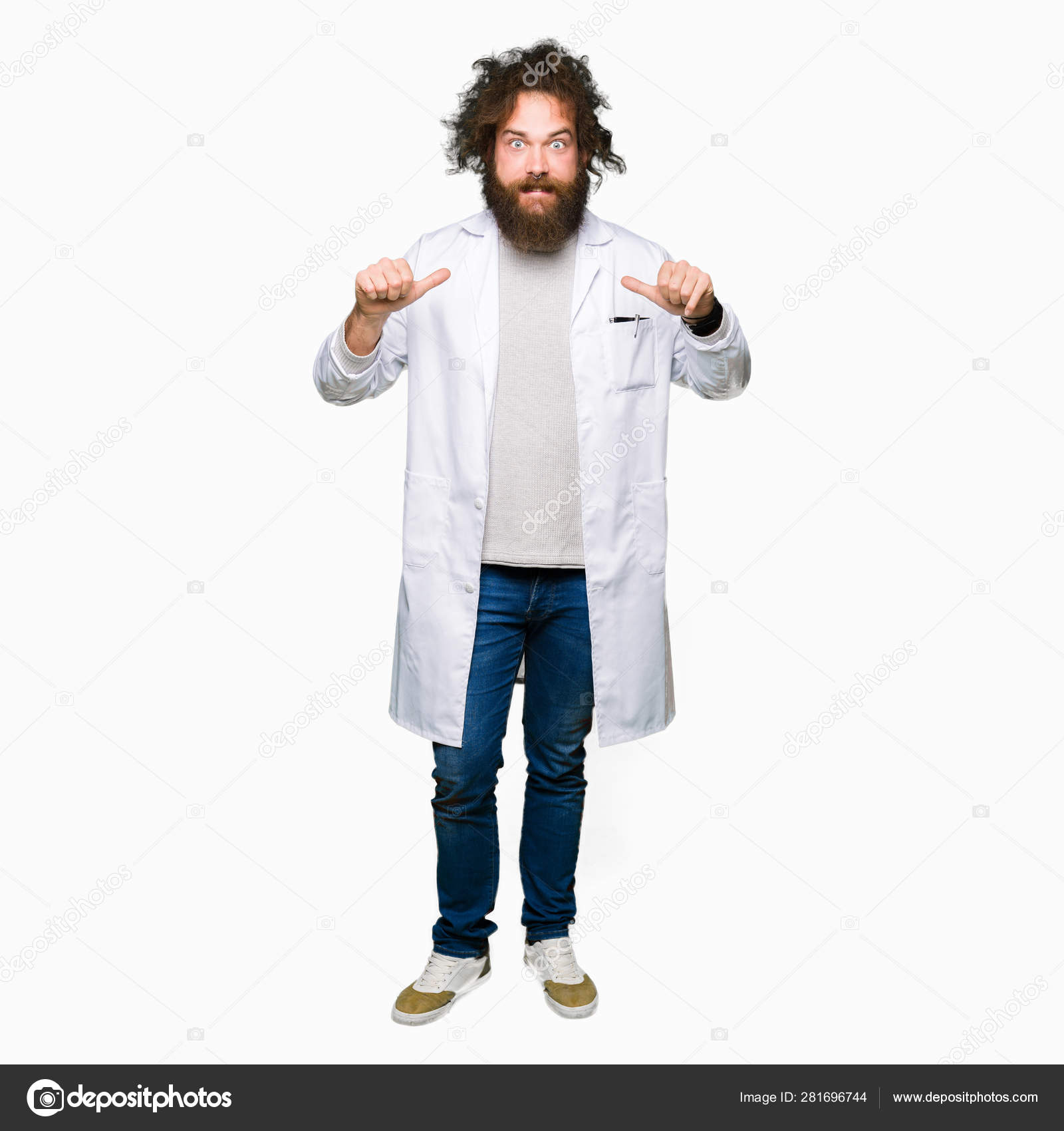 Crazy Scientist Funny Long Hair Looking Confident Smile Face Pointing Stock  Photo by © 281696744