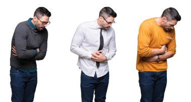 Çünkü kolaj yakışıklı adam beyaz bir arka plan mide üzerinde el ile izole mide bulantısı, ağrılı hastalık hasta hissediyor. Ağrısı kavramı.