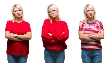 Güzel sarışın kadın kolaj izole arka plan üzerinde rahat kırmızı giyen şüpheci ve sinir, kesişmiş kollar ile yüz üzerinde ifade onaylamıyor. Negatif kişi.