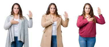 Kolaj güzel bir artı boyutu kadın izole arka plan Swearing göğüs ve avuç el ile bir sadakat sözü yemin yapımı