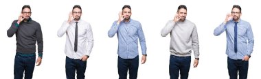 Beyaz izole arka plan ağız ve dudaklar üzerinde yakışıklı iş adamı Kolaj parmakları ile zip olarak kapatın. Gizli ve sessiz, tabu konuşma