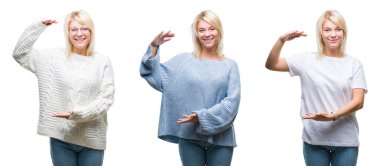 Büyük ve büyük boyutlu işareti gösteren eller ile izole arka planda işaret üzerinde kış kazak giyen güzel sarışın kadın kolaj, ölçmek sembolü. Kameraya bakarak gülümsüyor. Ölçme konsepti.