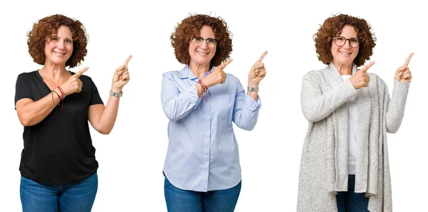 中年老年妇女的拼贴画在白色被隔绝的背景微笑 看着相机指向与两个手和手指在旁边 — 图库照片