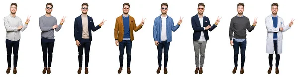 Colagem Belo Jovem Homem Negócios Vestindo Diferentes Olhares Sobre Fundo — Fotografia de Stock
