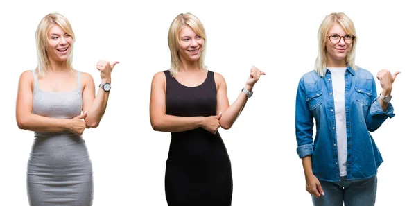 Collage Hermosa Mujer Rubia Sobre Fondo Aislado Sonriendo Con Cara — Foto de Stock