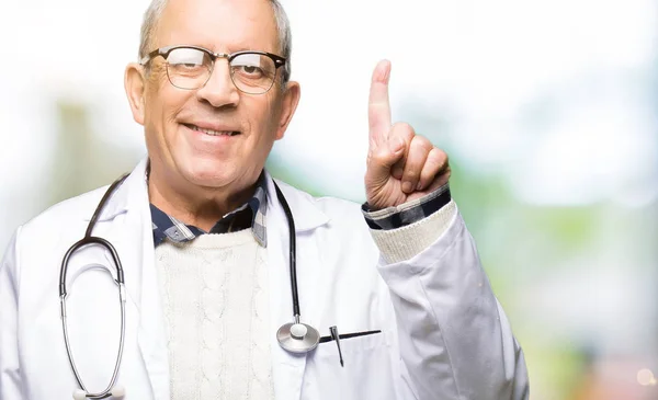 Handsome Senior Doctor Man Wearing Medical Coat Showing Pointing Finger — Stock Photo, Image