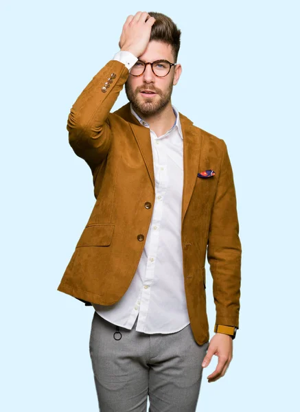 Young Handsome Business Man Wearing Glasses Surprised Hand Head Mistake — Stock Photo, Image