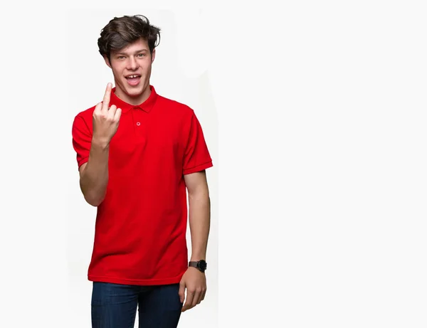 Jeune Bel Homme Portant Shirt Rouge Sur Fond Isolé Affichage — Photo
