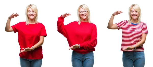 Colagem Bela Mulher Loira Vestindo Casual Vermelho Sobre Fundo Isolado — Fotografia de Stock