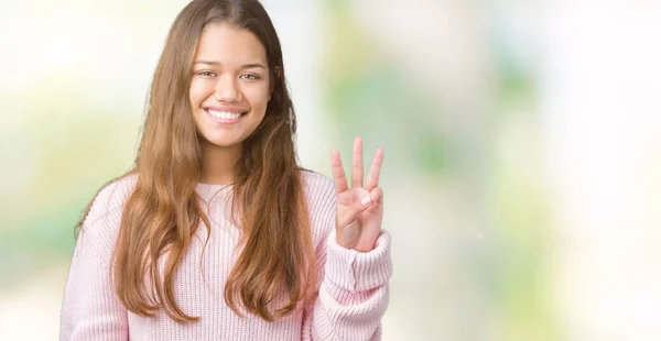 Giovane Bella Donna Bruna Che Indossa Maglione Invernale Rosa Sfondo — Foto Stock