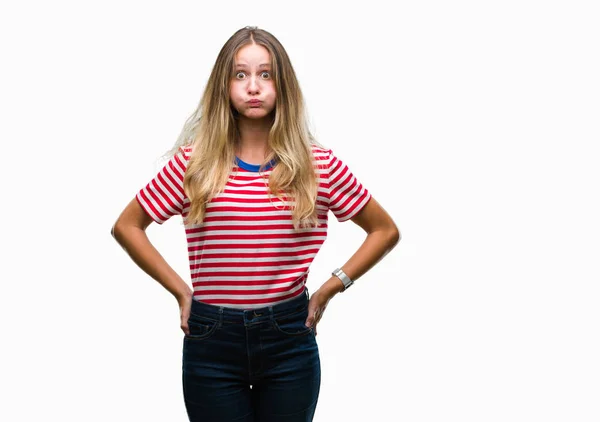 Young Beautiful Blonde Woman Isolated Background Puffing Cheeks Funny Face — Stock Photo, Image