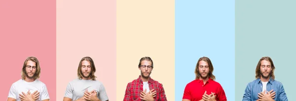 Collage Van Jonge Knappe Man Kleurrijke Strepen Geïsoleerde Achtergrond Glimlachend — Stockfoto
