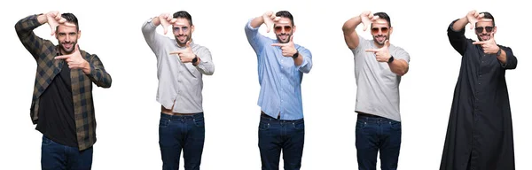 Collage Hombre Guapo Sobre Fondo Blanco Aislado Sonriendo Haciendo Marco — Foto de Stock