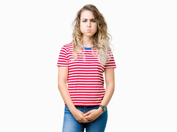 Beautiful Young Blonde Woman Isolated Background Puffing Cheeks Funny Face — Stock Photo, Image