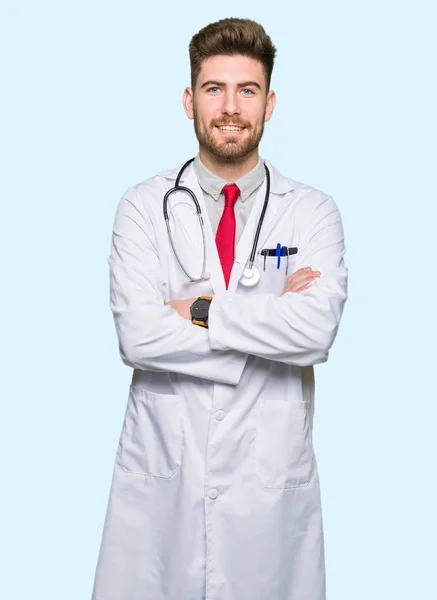 Young Handsome Doctor Man Wearing Medical Coat Happy Face Smiling — Stock Photo, Image