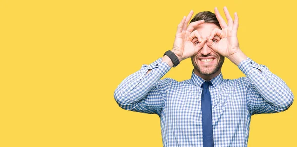 Handsome Business Man Wearing Tie Doing Gesture Binoculars Sticking Tongue — Stock Photo, Image