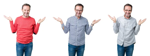 Colagem Homem Sênior Bonito Sobre Fundo Isolado Branco Sorrindo Mostrando — Fotografia de Stock