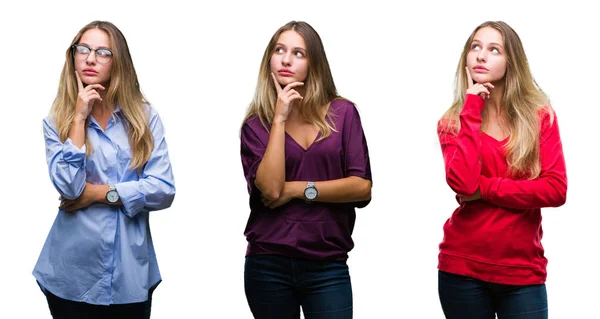 Collage Unga Vackra Blonda Kvinnan Över Isolerade Bakgrund Med Hand — Stockfoto