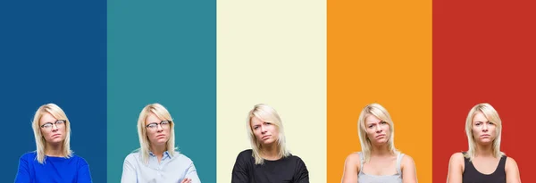 Collage Beautiful Blonde Woman Colorful Vintage Isolated Background Skeptic Nervous — Stock Photo, Image