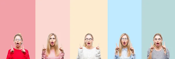 Colagem Jovem Bela Mulher Loira Sobre Fundo Colorido Colorido Isolado — Fotografia de Stock