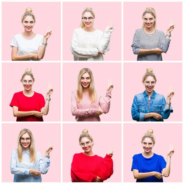 Collage Jeune Belle Femme Blonde Sur Fond Rose Isolé Souriant — Photo