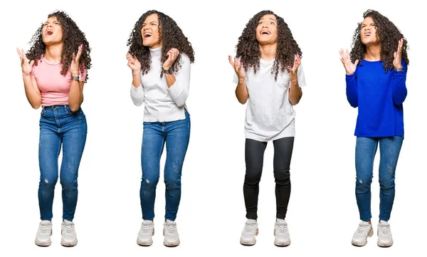 Collage Bella Giovane Donna Con Capelli Ricci Sfondo Bianco Isolato — Foto Stock