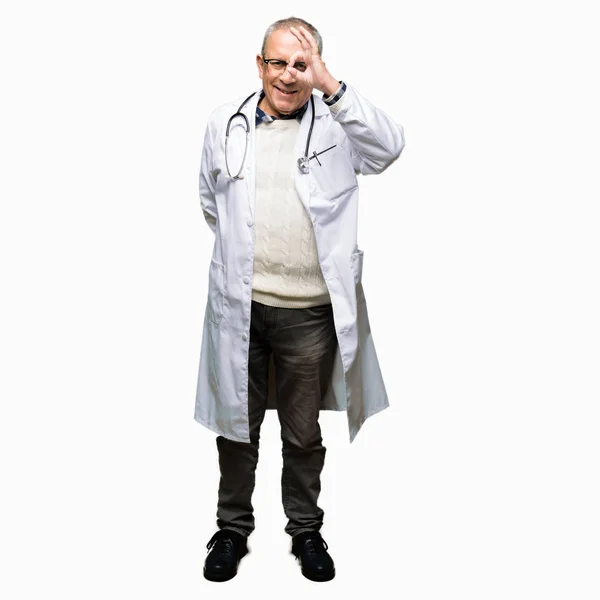 Handsome Senior Doctor Man Wearing Medical Coat Doing Gesture Hand — Stock Photo, Image