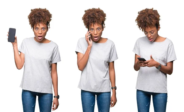 Collage Young Beautiful African Girl Using Smartphone Scared Shock Surprise — Stock Photo, Image