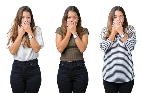 Collage Der Schönen Jungen Frau Vor Isoliertem Hintergrund Schockiert Mund — Stockfoto