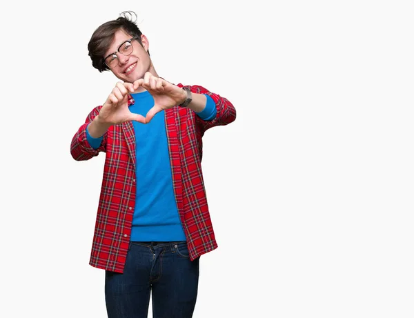 Jovem Estudante Bonito Vestindo Óculos Sobre Fundo Isolado Sorrindo Amor — Fotografia de Stock