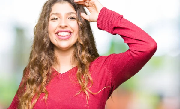 Junge Schöne Frau Rotem Pullover Tanzt Fröhlich Und Fröhlich Lächelnd — Stockfoto