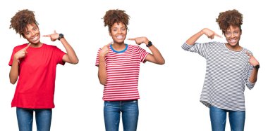 Genç güzel Afrikalı kız kendinden emin gösterilen ve işaret parmakları diş ve ağız ile gülümseyen izole arka plan üzerinde kolaj. Sağlık kavramı.