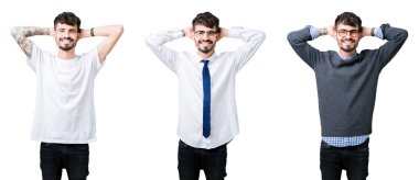 İzole arka plan üzerinde genç adam kolaj rahatlatıcı ve baş ve boyun arkasındaki silah ve eller ile germe, mutlu gülümseyen