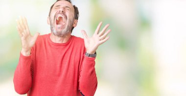 Yakışıklı orta yaş üzerinde kış kazak giyen üst düzey adam arka plan deli kutluyor izole ve crazy arms ile başarı için kaldırdı ve heyecanlı çığlık gözleri kapalı ağarmış. Kazanan kavramı