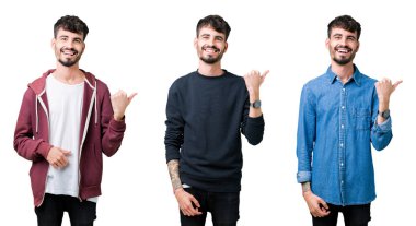 Seyir ve başparmak yanında yukarıyı mutlu yüz ile gülümseyen izole arka plan üzerinde genç adam kolaj.