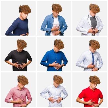 Genç adam kolaj mide el ile izole beyaz arka plan üzerinde farklı görünüyor giyiyor çünkü hazımsızlık, ağrılı hastalık duygusunu. Ağrı kavramı.