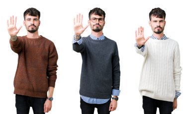 Izole arka plan üzerinde bir kazak giyen genç adamın kolaj avuç içi ile şarkı durdurmak yapıyor. Yüzünde olumsuz ve ciddi bir jest olan uyarı ifadesi.