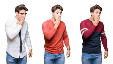 Kolaj genç yakışıklı iş adamı izole arka plan üzerinde bir el ağzıyla kapsayan yorgun esneme sıkılmış. Restless ve uyku hali.