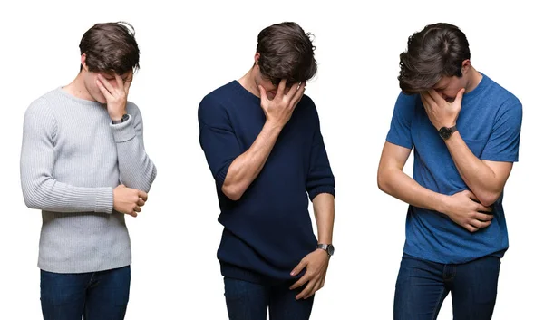年轻男子拼贴在白色孤立的背景与悲伤的表情覆盖着脸与手 而哭泣 抑郁症的概念 — 图库照片