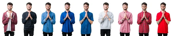 Collage Ung Man Över Isolerad Bakgrund Med Händerna Tillsammans Ber — Stockfoto
