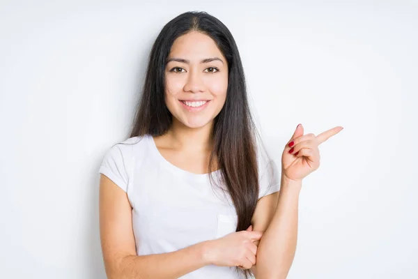 Beautiful Brunette Woman Isolated Background Big Smile Face Pointing Hand — Stock Photo, Image