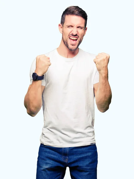 Hombre Guapo Vistiendo Casual Camiseta Blanca Muy Feliz Emocionado Haciendo —  Fotos de Stock