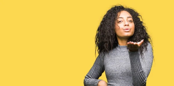 Young Beautiful Girl Curly Hair Looking Camera Blowing Kiss Hand — Stock Photo, Image