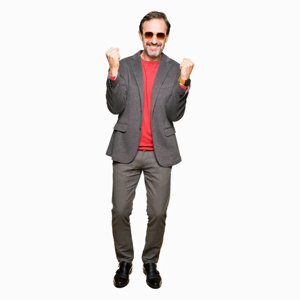 Middle Age Handsome Business Man Wearing Sunglasses Celebrating Surprised Amazed — Stock Photo, Image