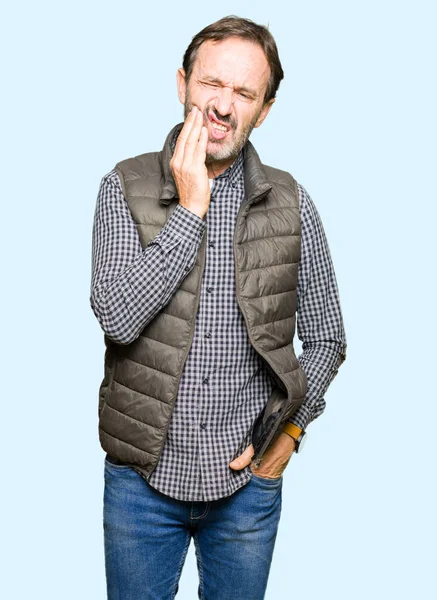 Middle Age Handsome Man Wearing Winter Vest Touching Mouth Hand — Stock Photo, Image